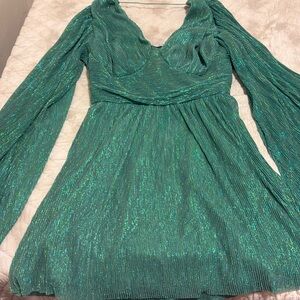 Shimmer Bell Sleeve Green Open Back Dress